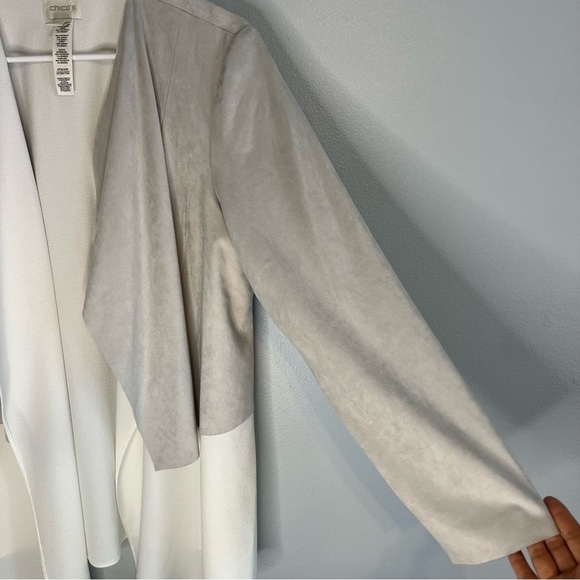 Chico's Open Front Faux Suede Jacket Jacket Sz L White Gray Layered Office - Picture 11 of 15